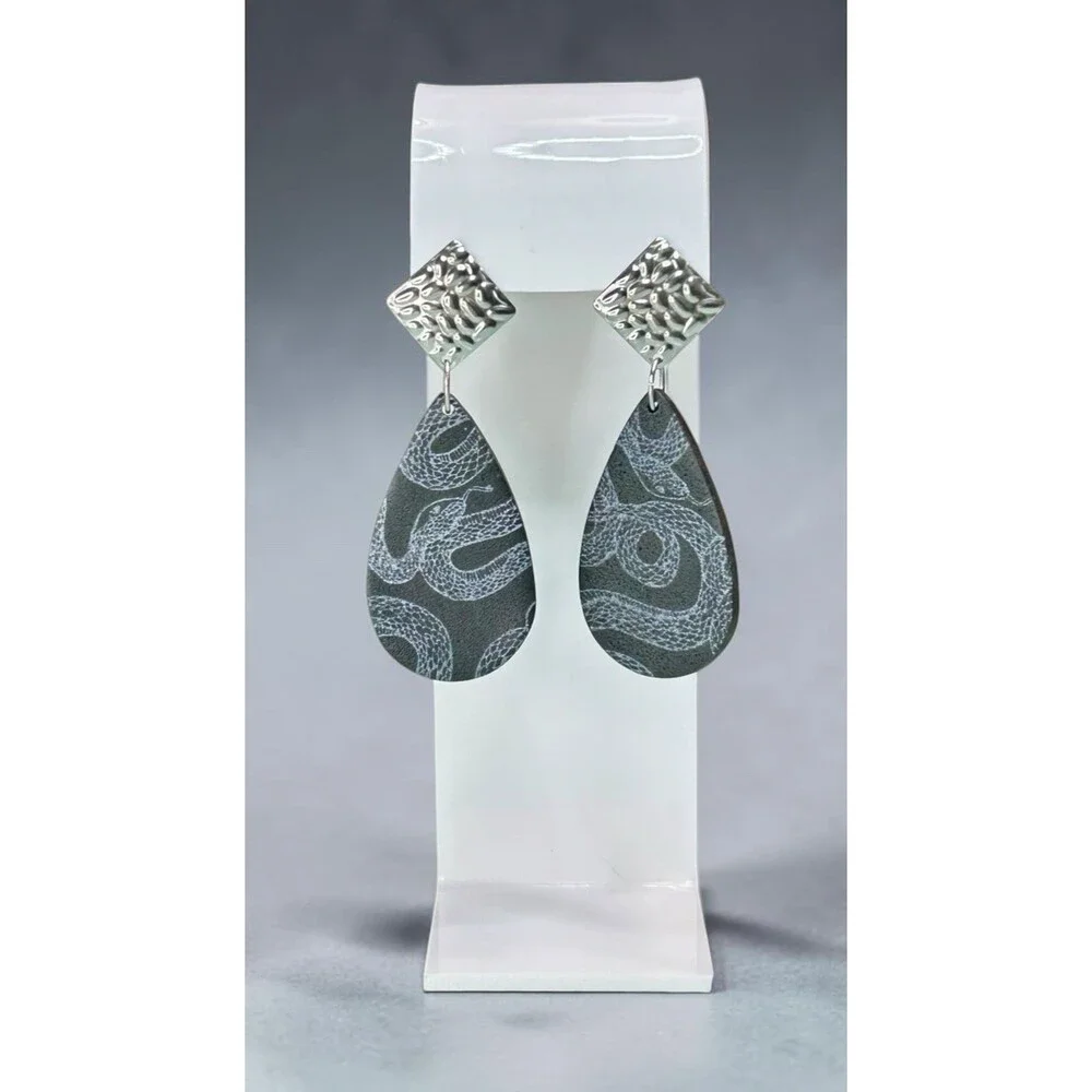 Polymer Clay Lg Dangle Earrings Black Silver Snake Animal Print Handmade SS Post